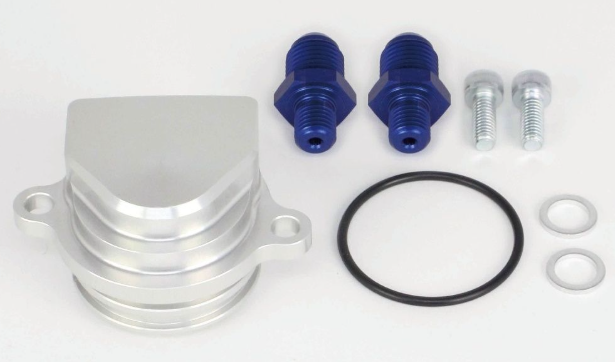 Mechanical parts including a silver metal component, blue fittings, and washers on a white background