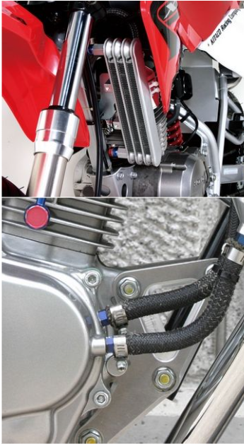 Close-up of a motorcycle engine with visible components.