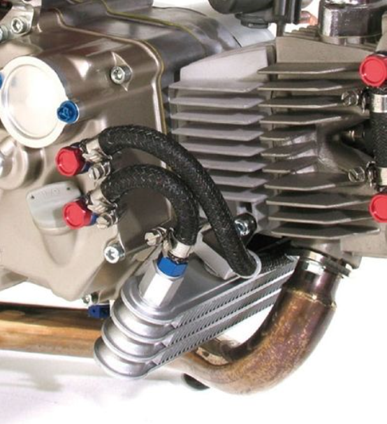 Close-up of a motorcycle engine with visible components and wiring.