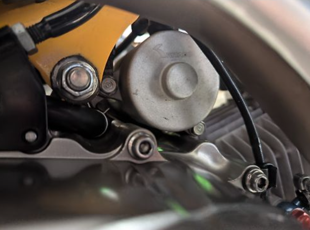 Close-up of a motorcycle engine with visible components