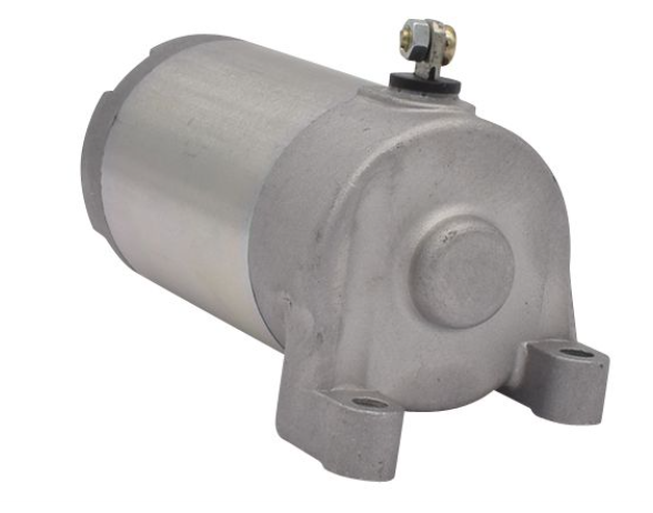 Metallic starter motor on a white background
