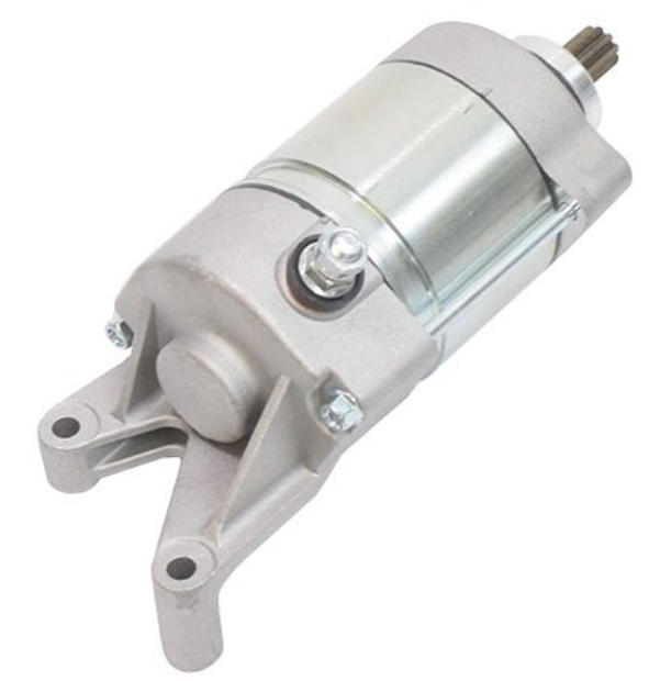 Metallic starter motor on a white background
