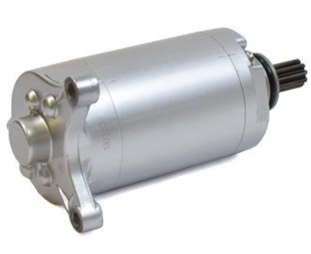 Silver cylindrical starter motor on a white background