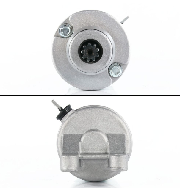 Two views of a metallic mechanical component on a white background