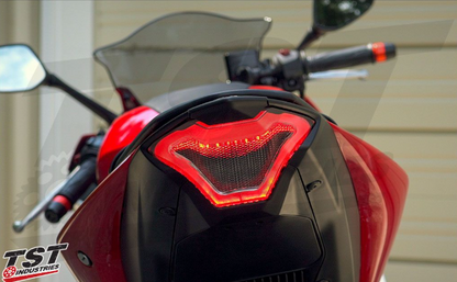 Close-up of a motorcycle's tail light with 'TST Industries' branding.