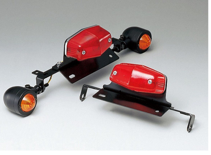 Two red motorcycle mirrors with black brackets on a gray background