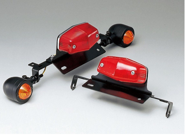 Two red motorcycle mirrors with black brackets on a gray background