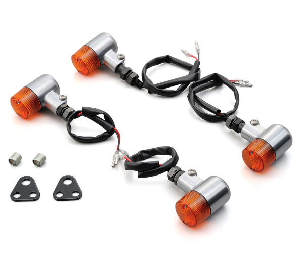 Set of motorcycle turn signals with wiring on a white background