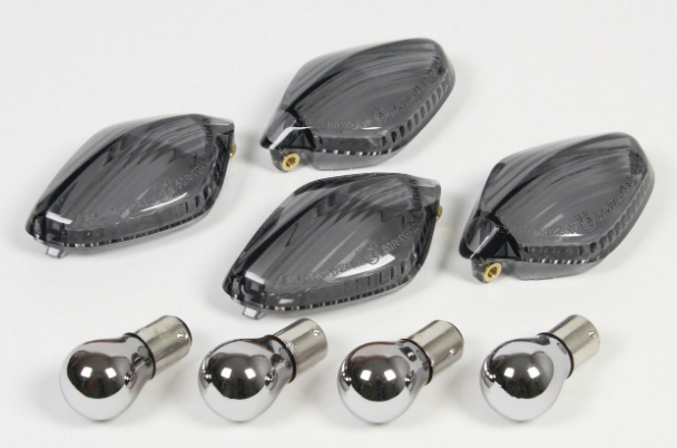 Set of motorcycle mirrors and bulbs on a white background