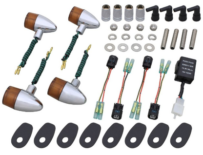 Collection of motorcycle parts including mirrors, connectors, and other components on a white background.