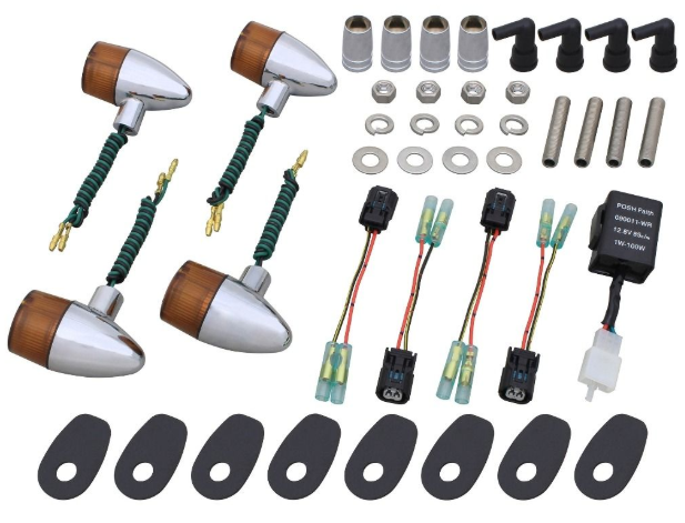 Collection of motorcycle parts including mirrors, connectors, and other components on a white background.