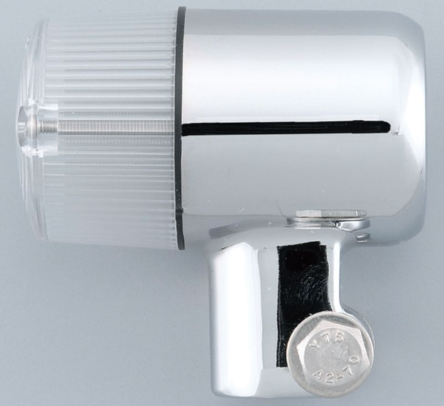 Chrome shower head with a black rubber washer on a gray background