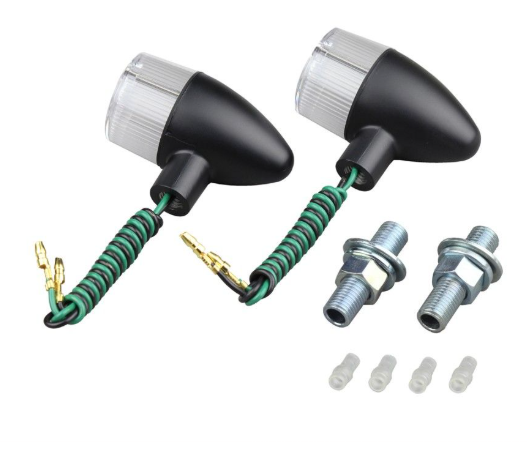 Motorcycle turn signals with wiring and screws on a white background