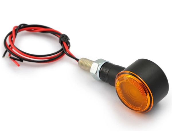 Motorcycle turn signal with orange lens and wiring on a white background