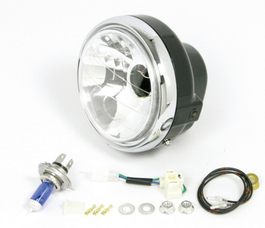 Motorcycle headlight assembly with wiring and components on a white background