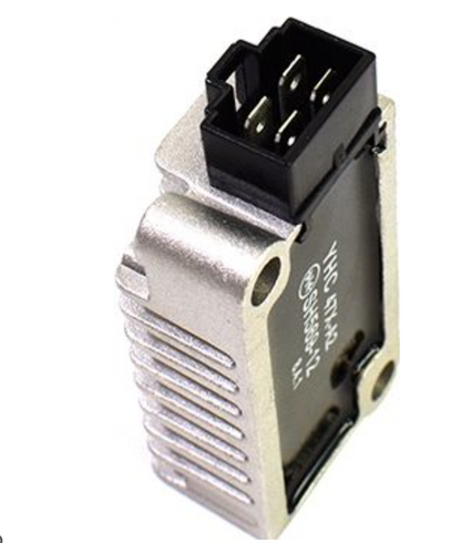 Close-up of a metallic electronic component with a black connector on a white background
