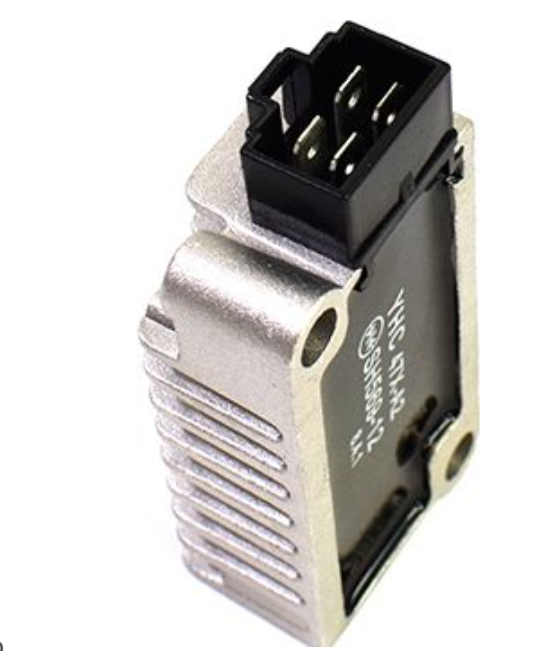 Close-up of a metallic electronic component with a black connector on a white background