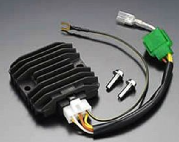 Rectifier regulator with wiring harness on a gray background