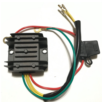 Black electronic module with multicolored wires on a white background