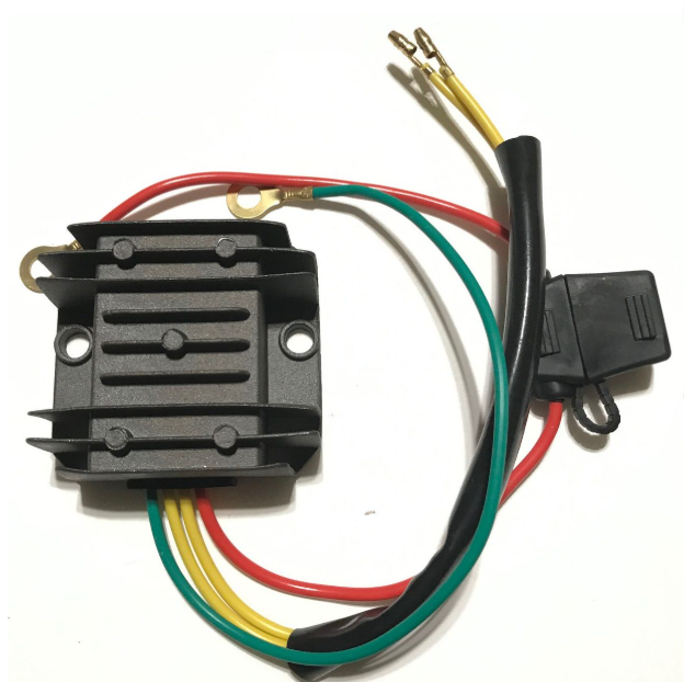 Black electronic module with multicolored wires on a white background