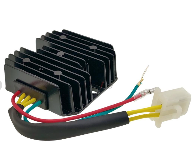 Black electrical regulator with wires on a white background