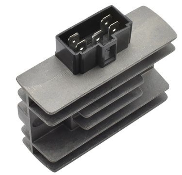 Gray electronic component with black connector on a white background