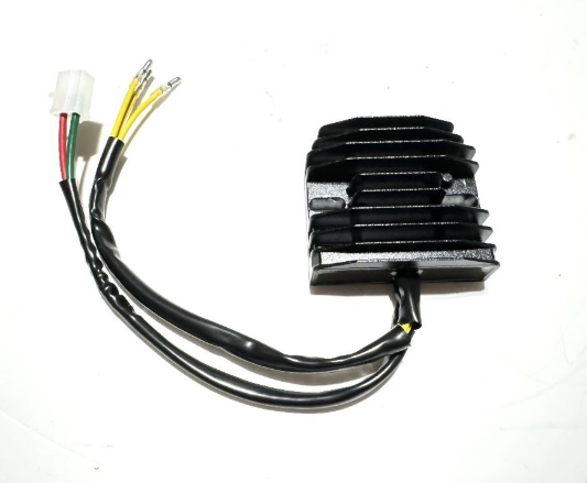 Rectifier/regulator with wires on a white background