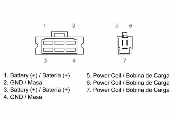 Diagram of electrical connectors with labels in Spanish on a white background