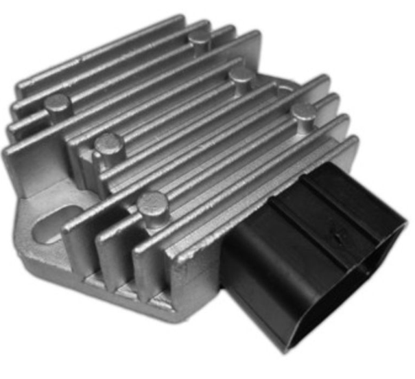 Metallic electronic component with ribbed design on a white background