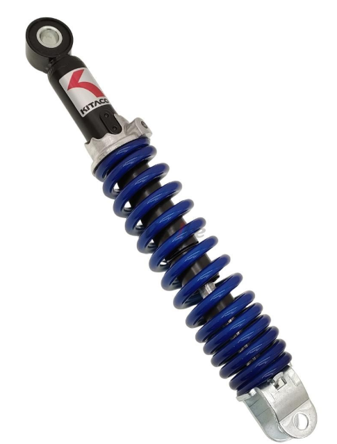Shock absorber with blue spring and black and silver top section on a white background