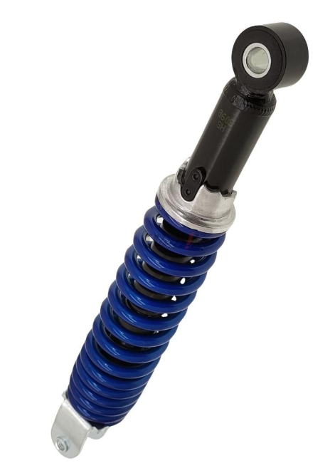 Motorcycle shock absorber with blue spring and black top on a white background