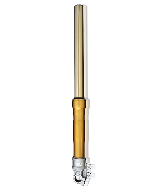Gold and silver bicycle suspension fork on a white background