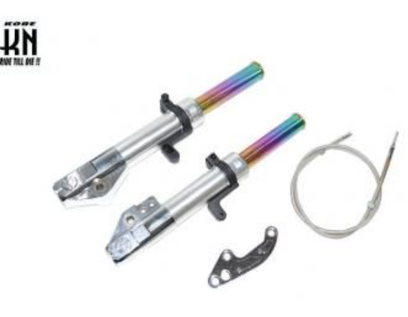 Motorcycle suspension components with rainbow-colored metal parts on a white background, featuring the K&N logo.