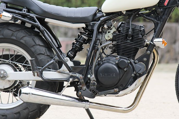 Close-up of a motorcycle engine with Yamaha branding