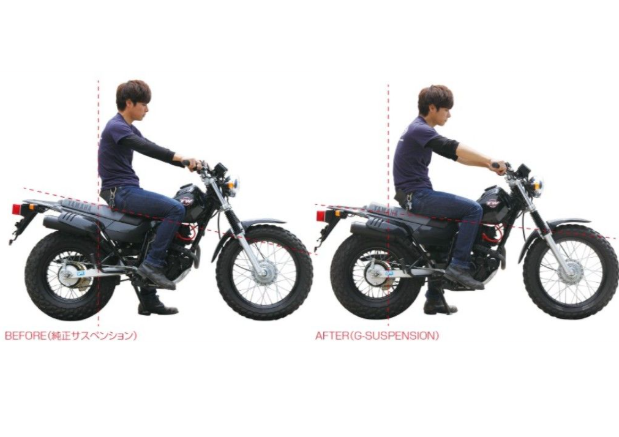 Before and after comparison of a motorcycle suspension system on a white background