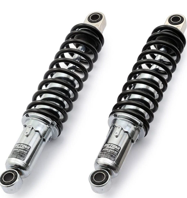 Two motorcycle shock absorbers with springs on a white background