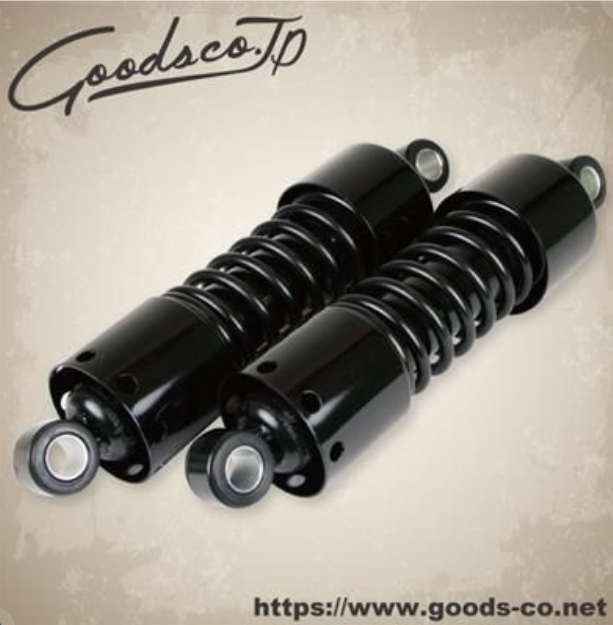 Two black shock absorbers on a beige background with 'goodsco.jp' branding.