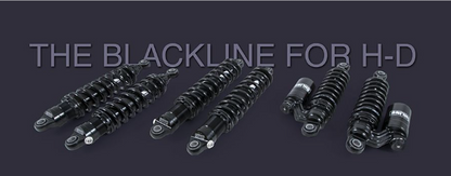 Motorcycle shock absorbers with 'The Blackline for H-D' text on a dark background