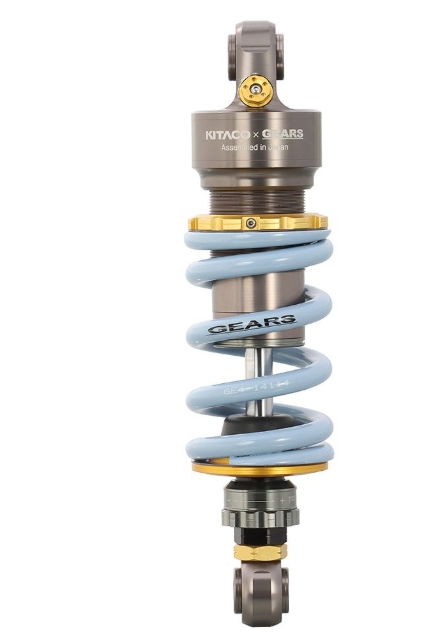 Motorcycle shock absorber with Kitaro Gears branding on a white background