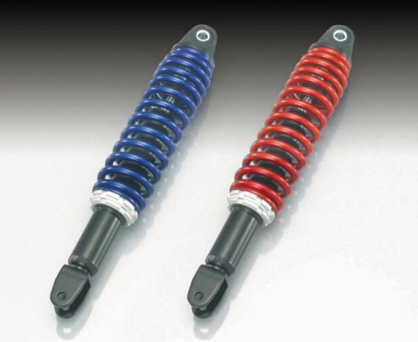 Two shock absorbers, one with blue springs and the other with red springs, on a gradient background.