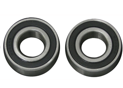Two black metal bearings on a white background