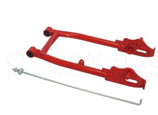 Red metal frame with a silver rod on a white background
