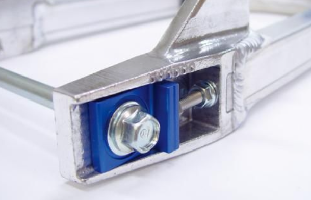 Metal bracket with blue plastic insert on a white background