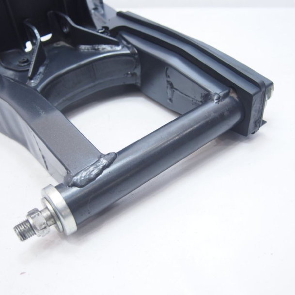 Close-up of a black metal bracket with bolts on a white background
