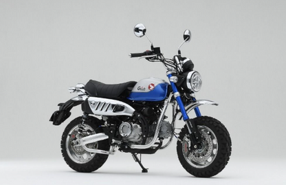 Motorcycle with blue and black design on a gray background