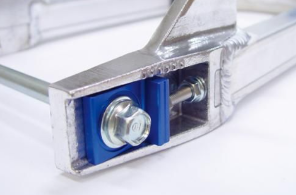 Metal bracket with a blue component on a white background