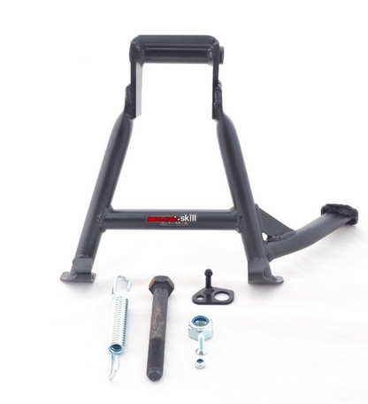 Black metal stand with components on a white background