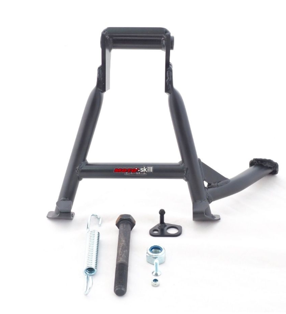 Black metal stand with components on a white background