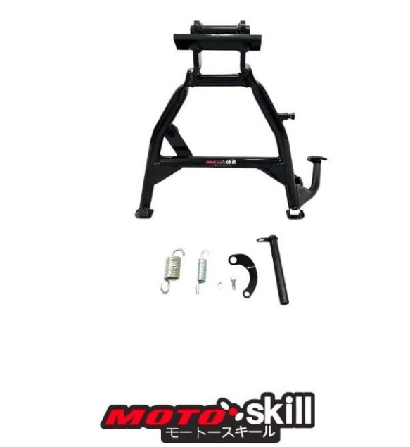Black motorcycle frame with components on a white background, featuring the Moto-Skill logo.
