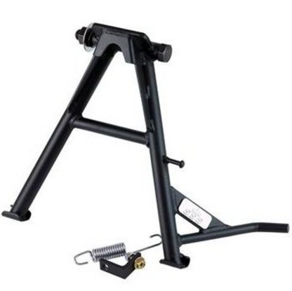 Black metal stand with components on a white background